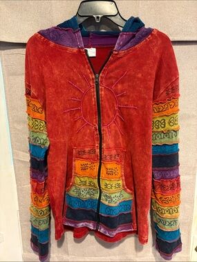 Red Multicolor Embroidered Hooded Utility Jacket with Stripe Sleeves